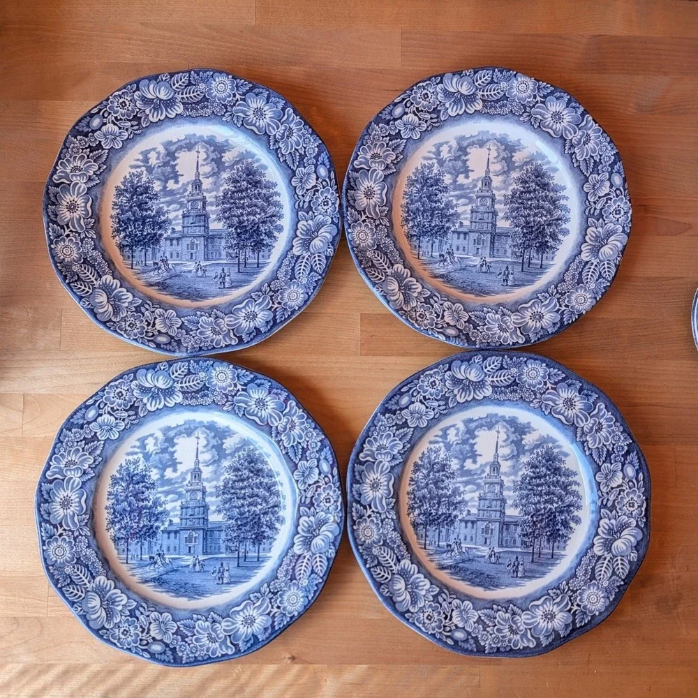 4 Liberty Blue Independence Hall Dinner Plates Staffordshire Ironstone 10